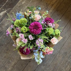 Sarah Country Garden Bouquet-With-Delphiniums Roses And Blooms